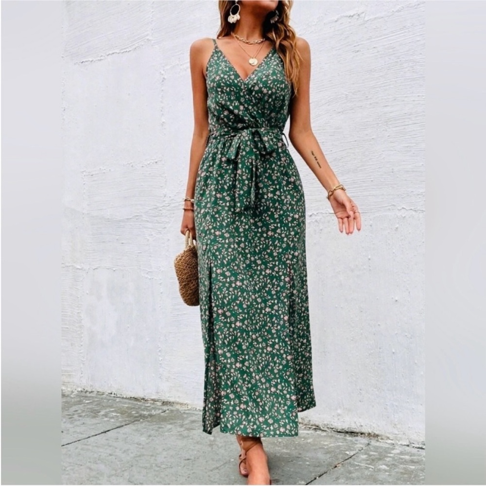 Green Floral Wrap Midi Dress Boho Summer Tie Waist Slit Sundress